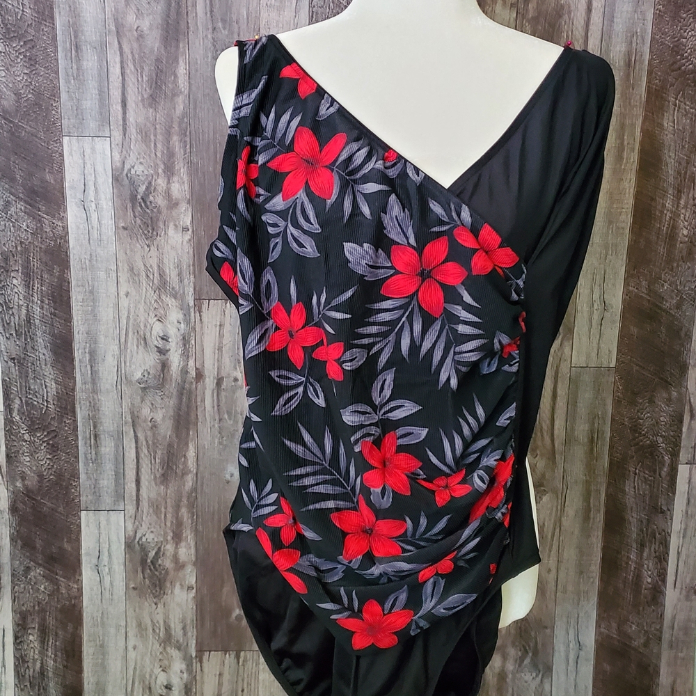 Floral Black and Red One-Shoulder Swim One Piece